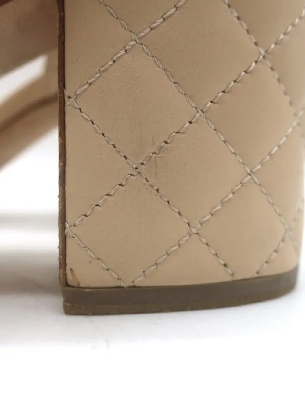 Chanel Quilted Lambskin Leather Ankle Strap Block Heel Sandals Beige Size 36.5